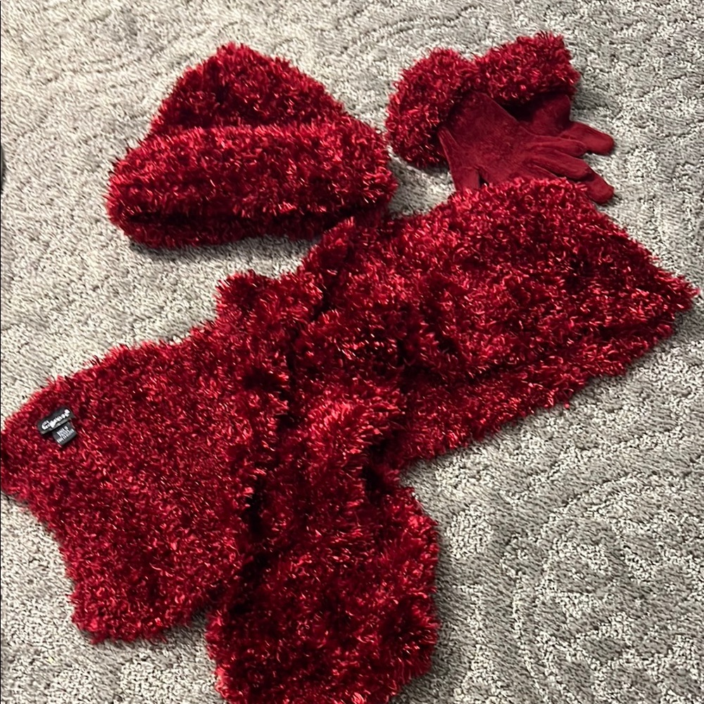 Cejon Red Fuzzy Gloves and Scarf Set